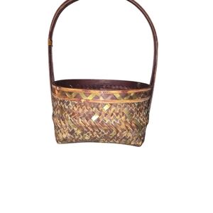 Vintage Handcrafted Brown Woven Basket With Colorful Metal Accents